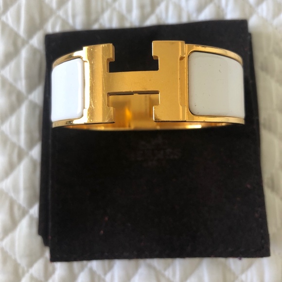 Hermes Jewelry - White & Gold Hermès H Bracelet. GM, Wide.